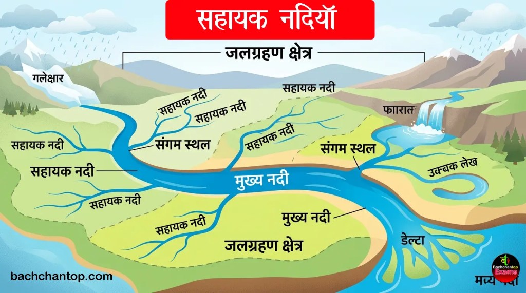A professional 16:9 educational infographic in Hindi illustrating a complete river system. It features a thick blue main river, multiple thin tributaries, a confluence point, and a catchment area set against a landscape of mountains and plains.