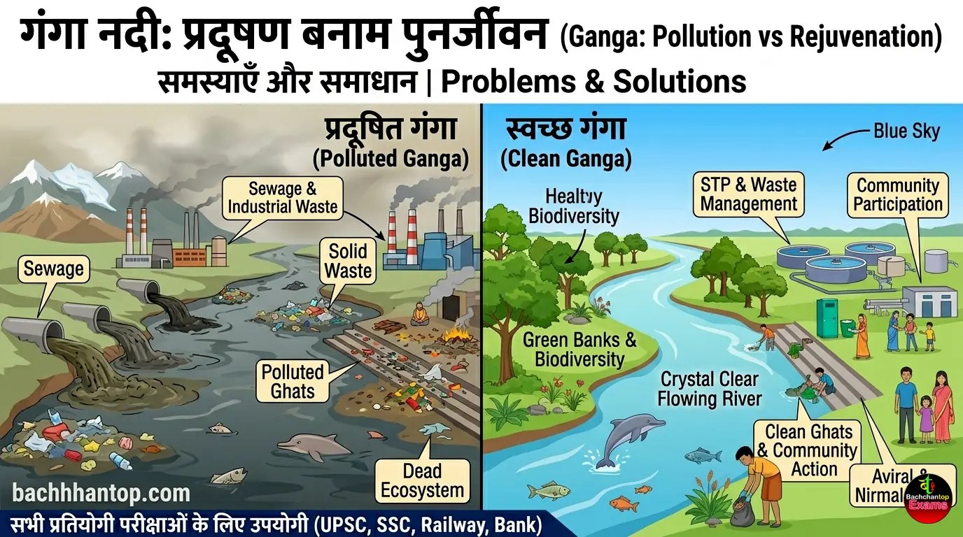 Ganga River pollution vs rejuvenation split image showing sewage waste and clean river with STP